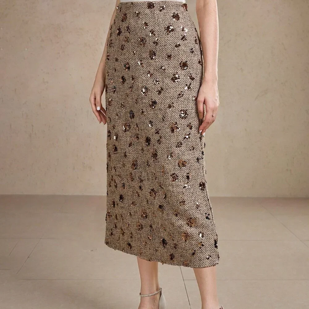 Gold Elegant Women's High Waist Floral Sequin Decor Straight Loose Skirt Skirts